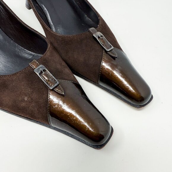Vintage 90s Battaglia Brown Suede & Patent Leather Pointy Toe Heels Size EU 38 - Picture 8 of 10